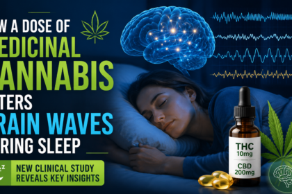 A sleeping woman beneath a glowing brain illustration, surrounded by EEG brainwave patterns and medicinal cannabis imagery, showing how THC and CBD affect sleep stages including REM, deep sleep, and light sleep.