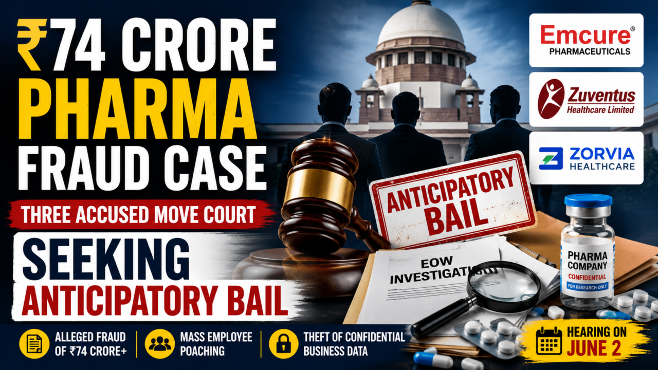 News-style thumbnail depicting a ₹74 crore pharmaceutical fraud investigation involving corporate disputes, anticipatory bail proceedings, EOW investigation documents, and allegations of employee poaching and confidential data theft.