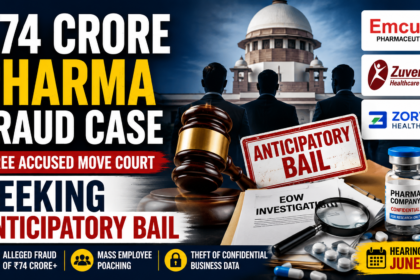News-style thumbnail depicting a ₹74 crore pharmaceutical fraud investigation involving corporate disputes, anticipatory bail proceedings, EOW investigation documents, and allegations of employee poaching and confidential data theft.