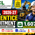 NCL Apprentice Recruitment 2026-27 banner featuring a mining engineer, mining equipment, 1,607 apprentice vacancies, stipend up to ₹13,700 per month, and application dates from 1 June to 15 June 2026.
