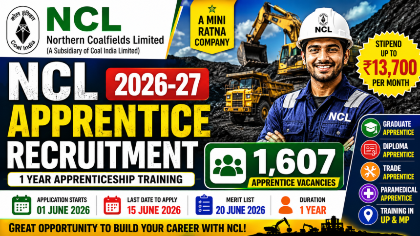 NCL Apprentice Recruitment 2026-27 banner featuring a mining engineer, mining equipment, 1,607 apprentice vacancies, stipend up to ₹13,700 per month, and application dates from 1 June to 15 June 2026.