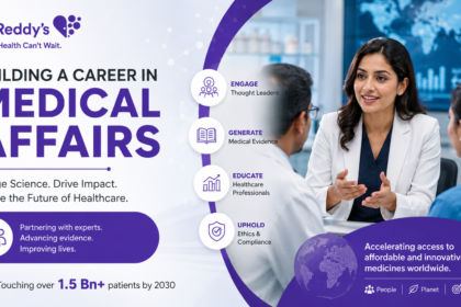 A medical affairs professional discussing scientific research and healthcare innovations with physicians, representing Dr. Reddy’s Laboratories in a modern pharmaceutical environment.