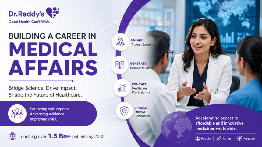 A medical affairs professional discussing scientific research and healthcare innovations with physicians, representing Dr. Reddy’s Laboratories in a modern pharmaceutical environment.