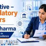 Professional regulatory affairs executive reviewing pharmaceutical documentation and compliance reports in a modern office environment, representing a career in regulatory excellence at Sun Pharma.
