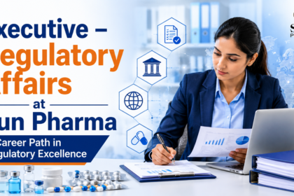 Professional regulatory affairs executive reviewing pharmaceutical documentation and compliance reports in a modern office environment, representing a career in regulatory excellence at Sun Pharma.