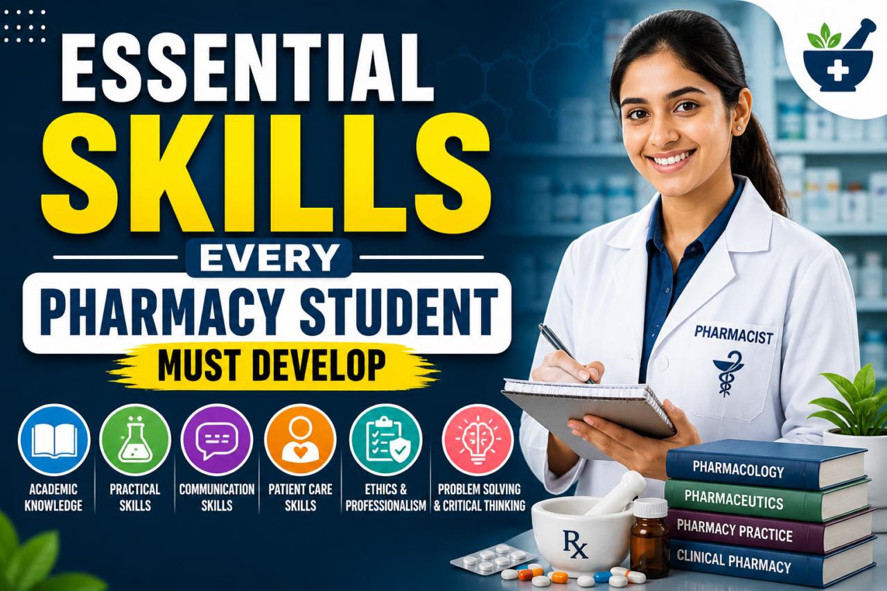 Pharmacy student holding notebook with icons showing essential pharmacy skills like communication, clinical care, and lab work