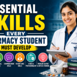Pharmacy student holding notebook with icons showing essential pharmacy skills like communication, clinical care, and lab work