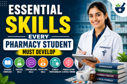 Pharmacy student holding notebook with icons showing essential pharmacy skills like communication, clinical care, and lab work