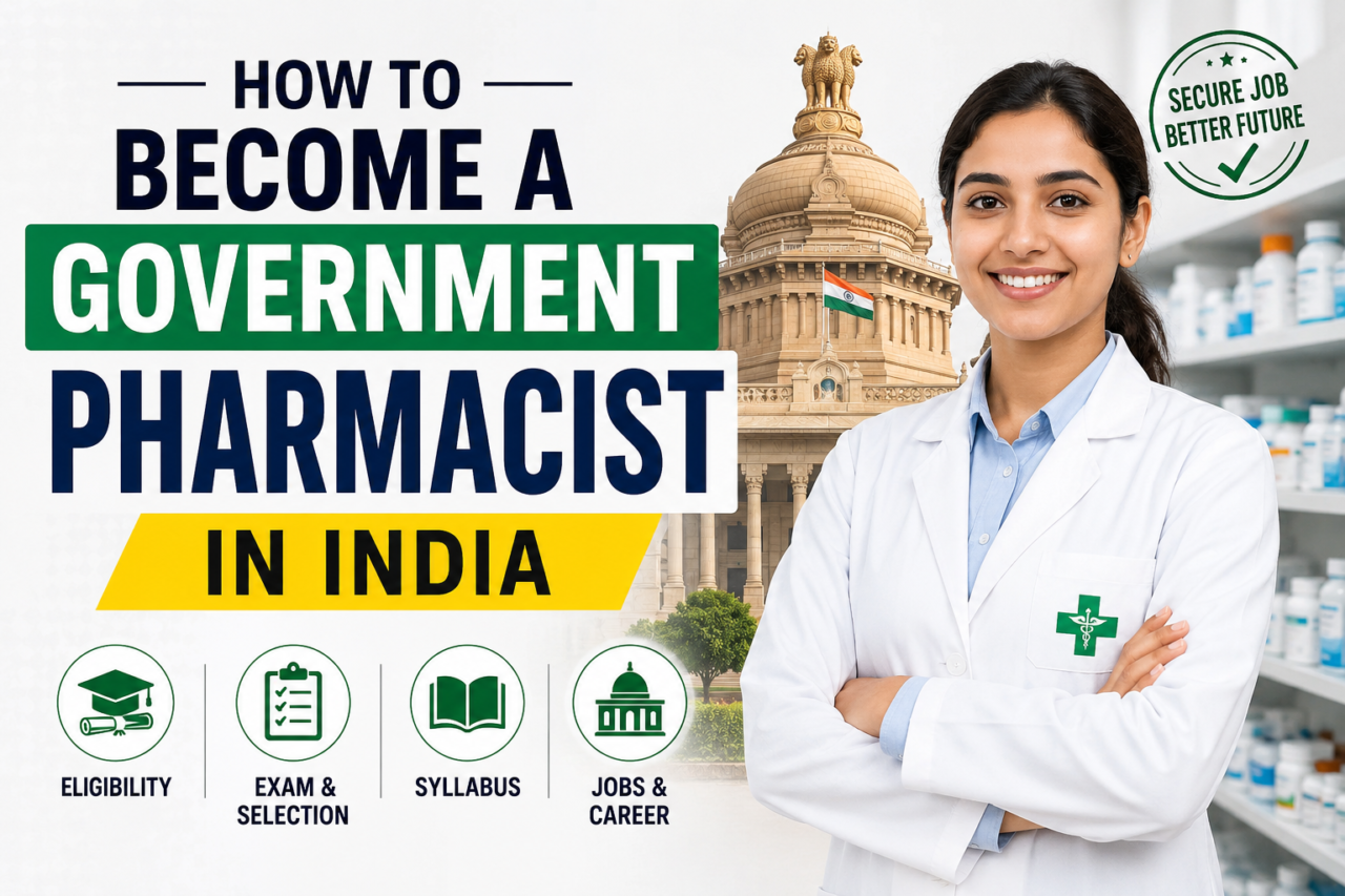 A professional thumbnail showing a female pharmacist in a white coat with the text “How to Become a Government Pharmacist in India” alongside government building imagery and pharmacy icons.