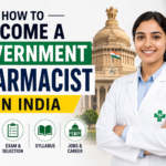 A professional thumbnail showing a female pharmacist in a white coat with the text “How to Become a Government Pharmacist in India” alongside government building imagery and pharmacy icons.