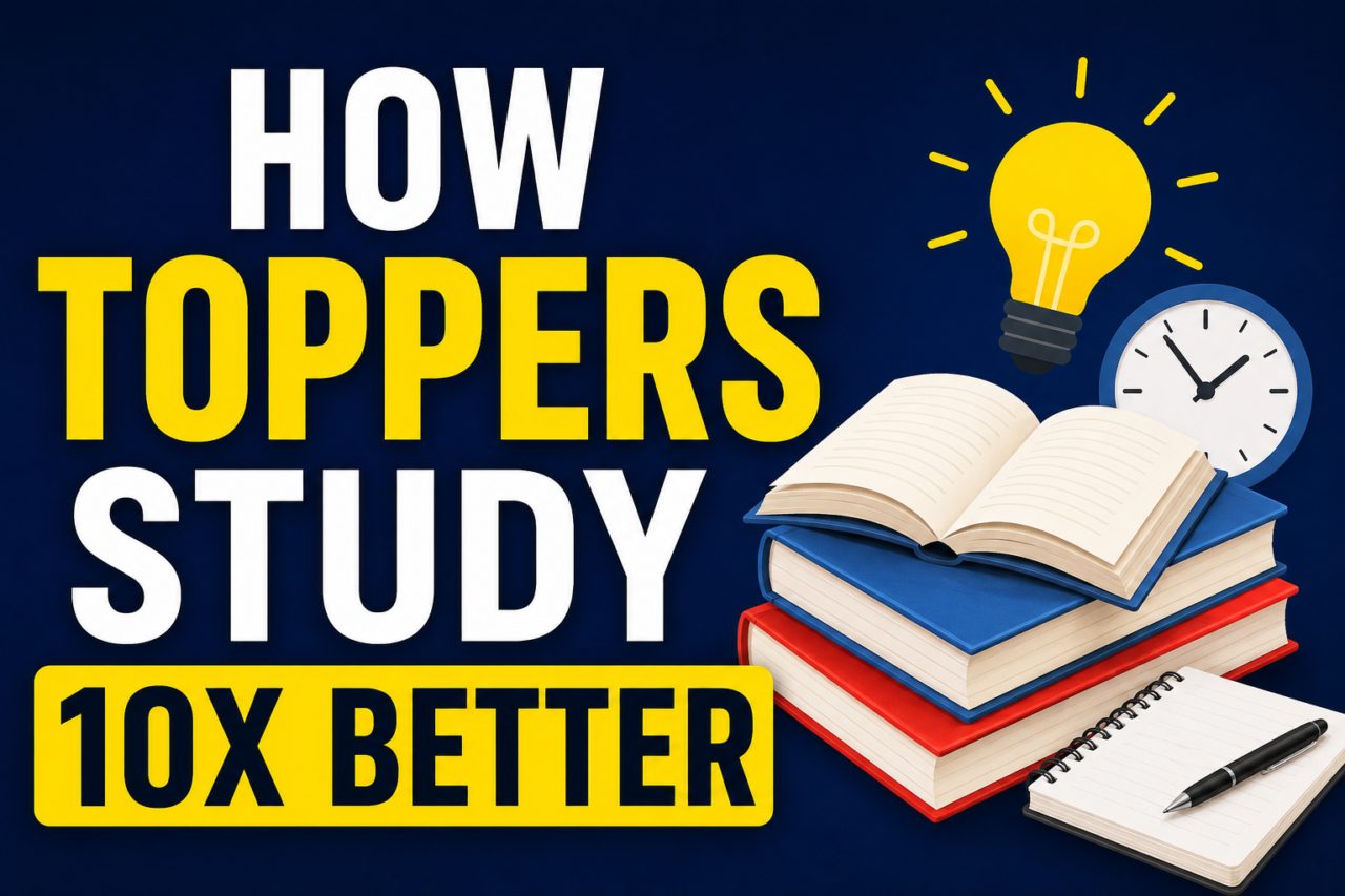 Student study thumbnail showing books, clock, and text “How Toppers Study 10X Better”