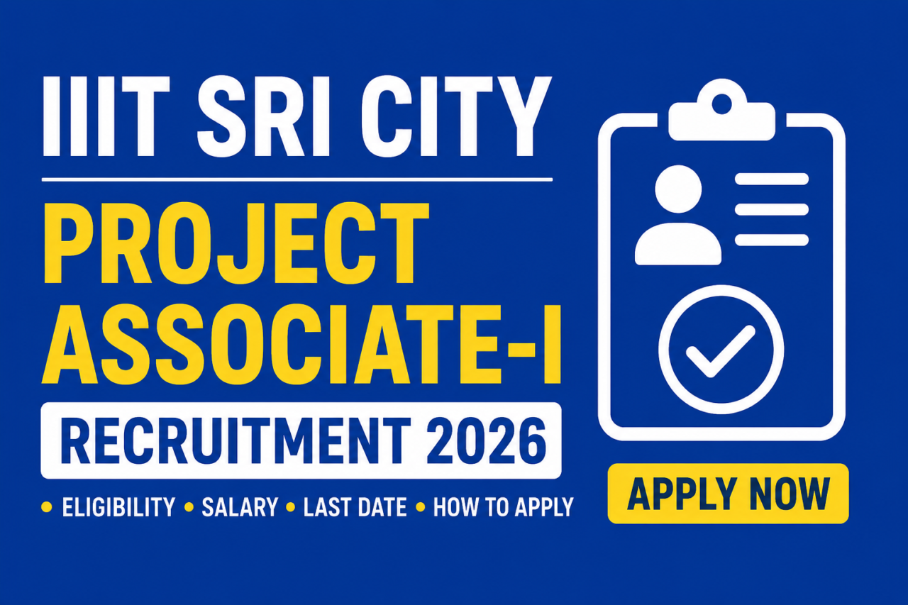 Blue recruitment thumbnail for IIIT Sri City Project Associate-I Recruitment 2026 with apply now button