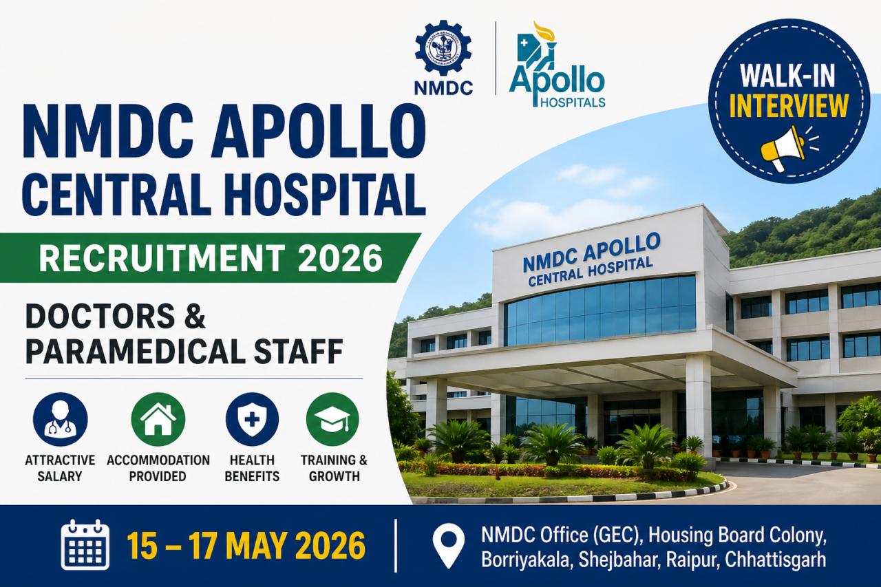 NMDC Apollo Central Hospital Recruitment 2026 walk-in interview thumbnail for doctors and paramedical staff jobs