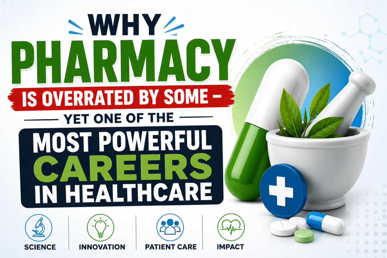 Illustration thumbnail showing why pharmacy is one of the most powerful careers in healthcare with medicine capsule, mortar and pestle, and healthcare symbols.