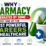 Illustration thumbnail showing why pharmacy is one of the most powerful careers in healthcare with medicine capsule, mortar and pestle, and healthcare symbols.