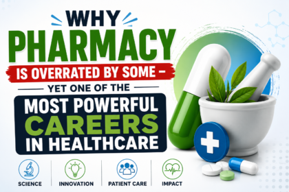 Illustration thumbnail showing why pharmacy is one of the most powerful careers in healthcare with medicine capsule, mortar and pestle, and healthcare symbols.