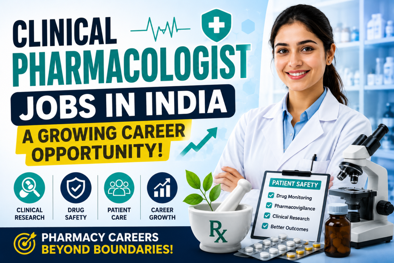 Thumbnail showing a clinical pharmacologist career opportunity in India with pharmacist, laboratory equipment, medicines, and healthcare icons.