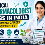 Thumbnail showing a clinical pharmacologist career opportunity in India with pharmacist, laboratory equipment, medicines, and healthcare icons.