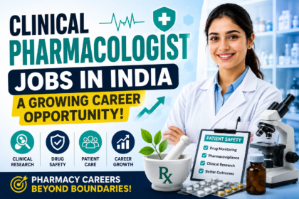 Thumbnail showing a clinical pharmacologist career opportunity in India with pharmacist, laboratory equipment, medicines, and healthcare icons.