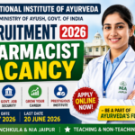 Colorful recruitment thumbnail for National Institute of Ayurveda pharmacist vacancy 2026 featuring a healthcare professional, government job highlights, and pharmacy career opportunities.