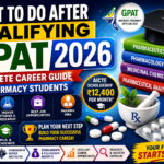 Colorful GPAT 2026 thumbnail featuring pharmacy books, graduation cap, medicines, and bold text about career guidance after qualifying GPAT exam.