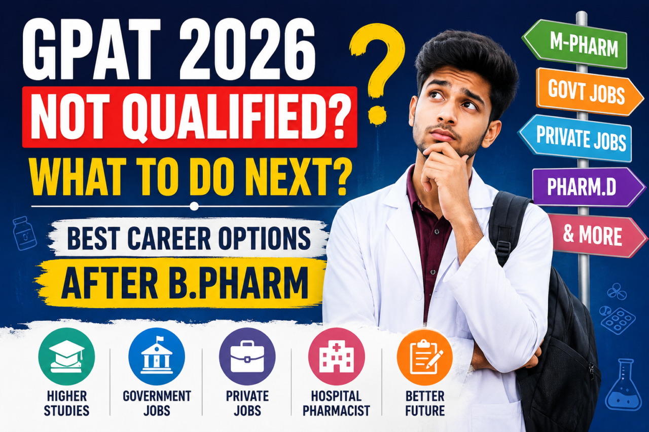 Student thinking about career options after not qualifying GPAT with pharmacy career opportunities highlighted