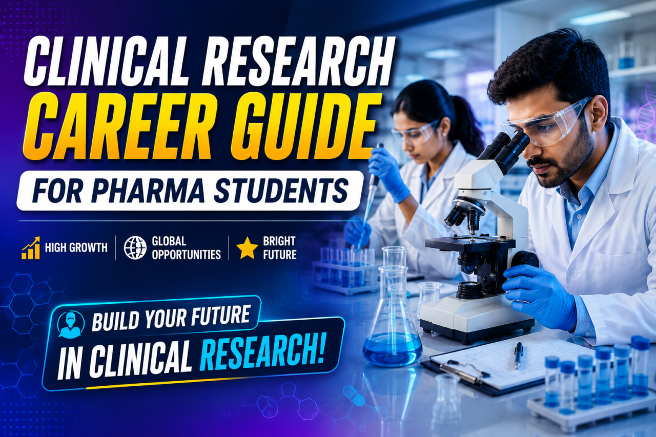 Clinical Research Career Guide thumbnail featuring pharma students performing laboratory experiments with microscope, test tubes, and modern clinical research lab setup.