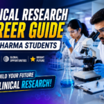 Clinical Research Career Guide thumbnail featuring pharma students performing laboratory experiments with microscope, test tubes, and modern clinical research lab setup.