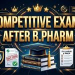 Premium educational thumbnail for “Competitive Exams After B.Pharm” featuring golden 3D typography, graduation cap, pharmacy books, government exam documents, syllabus checklist, and futuristic glowing elements on a dark blue background.