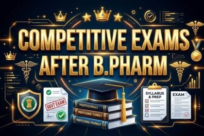 Premium educational thumbnail for “Competitive Exams After B.Pharm” featuring golden 3D typography, graduation cap, pharmacy books, government exam documents, syllabus checklist, and futuristic glowing elements on a dark blue background.