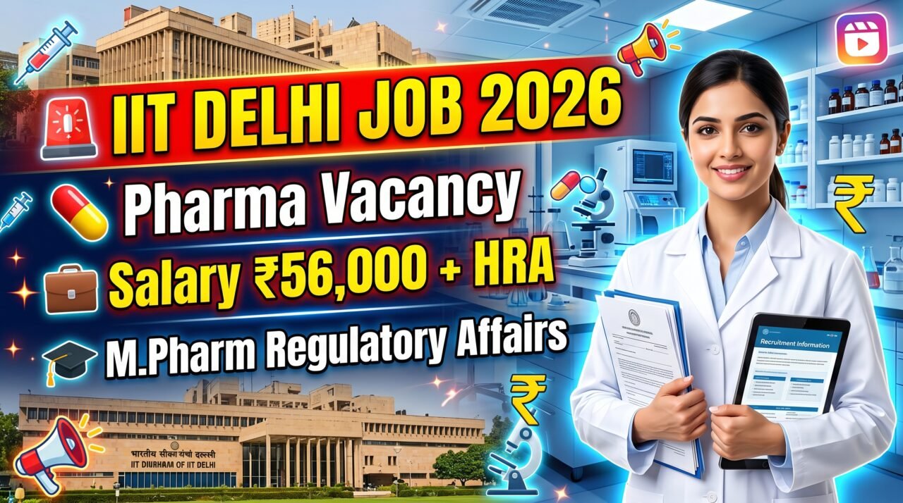 IIT Delhi Pharma Job Recruitment 2026 thumbnail showing pharma vacancy details, salary ₹56,000 + HRA, M.Pharm Regulatory Affairs eligibility, and walk-in interview information.