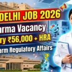 IIT Delhi Pharma Job Recruitment 2026 thumbnail showing pharma vacancy details, salary ₹56,000 + HRA, M.Pharm Regulatory Affairs eligibility, and walk-in interview information.