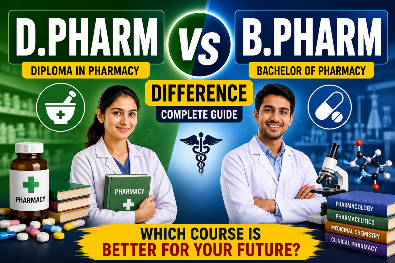 Colorful comparison thumbnail showing D.Pharm vs B.Pharm with pharmacy students, medicine icons, and bold text highlighting the difference between both pharmacy courses. Title:
