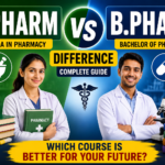 Colorful comparison thumbnail showing D.Pharm vs B.Pharm with pharmacy students, medicine icons, and bold text highlighting the difference between both pharmacy courses. Title:
