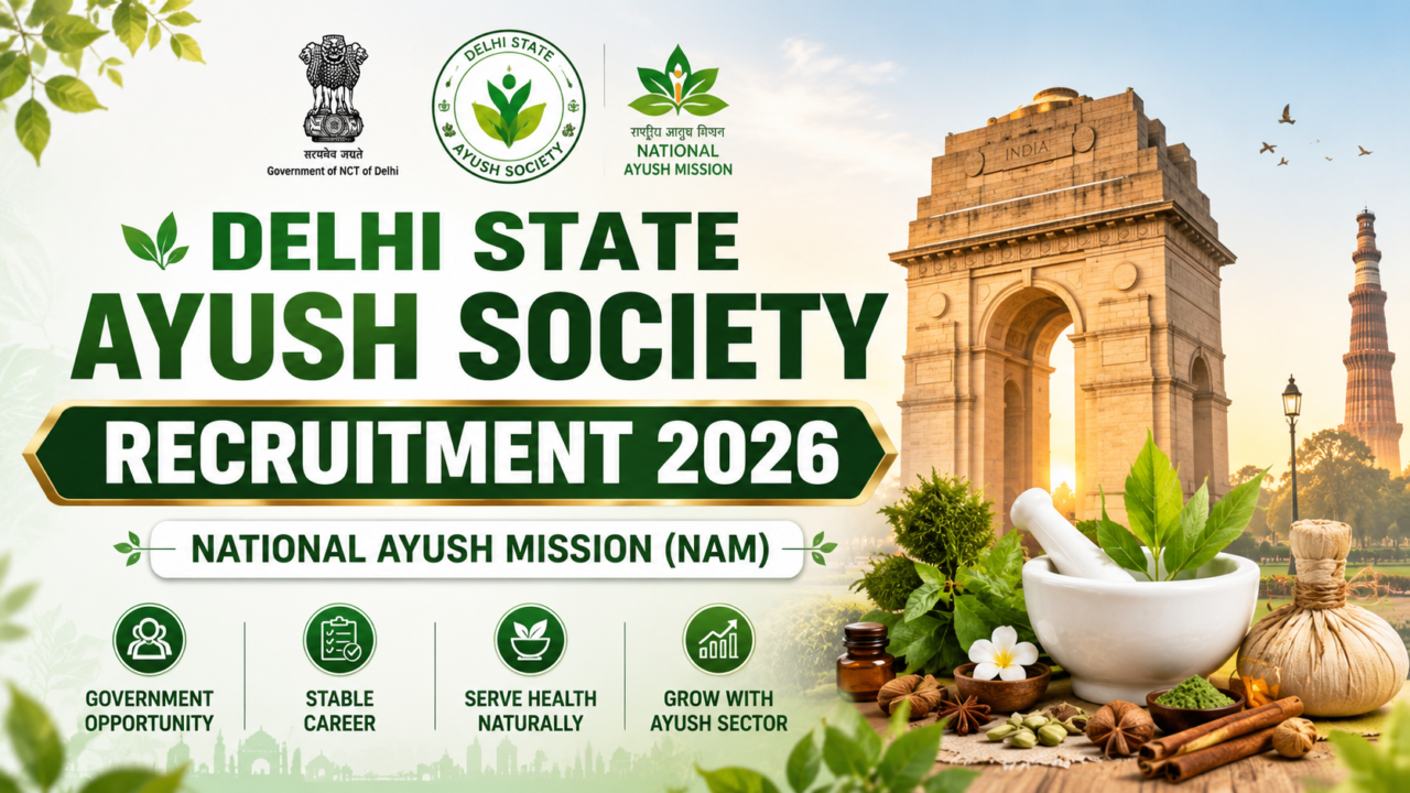 Delhi State AYUSH Society Recruitment 2026 thumbnail featuring National AYUSH Mission (NAM), India Gate, AYUSH herbal elements, and government recruitment theme in green background.