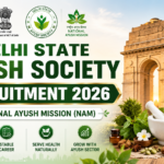 Delhi State AYUSH Society Recruitment 2026 thumbnail featuring National AYUSH Mission (NAM), India Gate, AYUSH herbal elements, and government recruitment theme in green background.