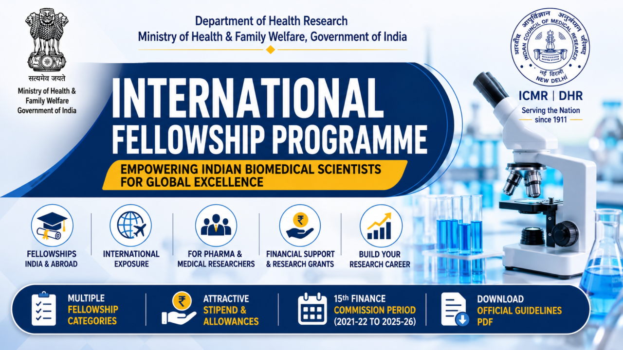 International Fellowship Programme thumbnail by DHR-ICMR featuring biomedical research opportunities, global fellowship support, research grants, and international exposure for pharma and medical researchers.