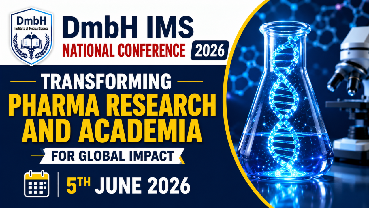 DmbH IMS National Conference 2026 promotional thumbnail featuring pharma research theme with DNA flask, microscope, medical graphics, and conference details in blue and yellow design.