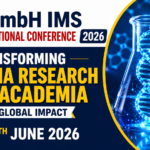 DmbH IMS National Conference 2026 promotional thumbnail featuring pharma research theme with DNA flask, microscope, medical graphics, and conference details in blue and yellow design.