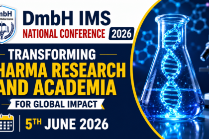 DmbH IMS National Conference 2026 promotional thumbnail featuring pharma research theme with DNA flask, microscope, medical graphics, and conference details in blue and yellow design.