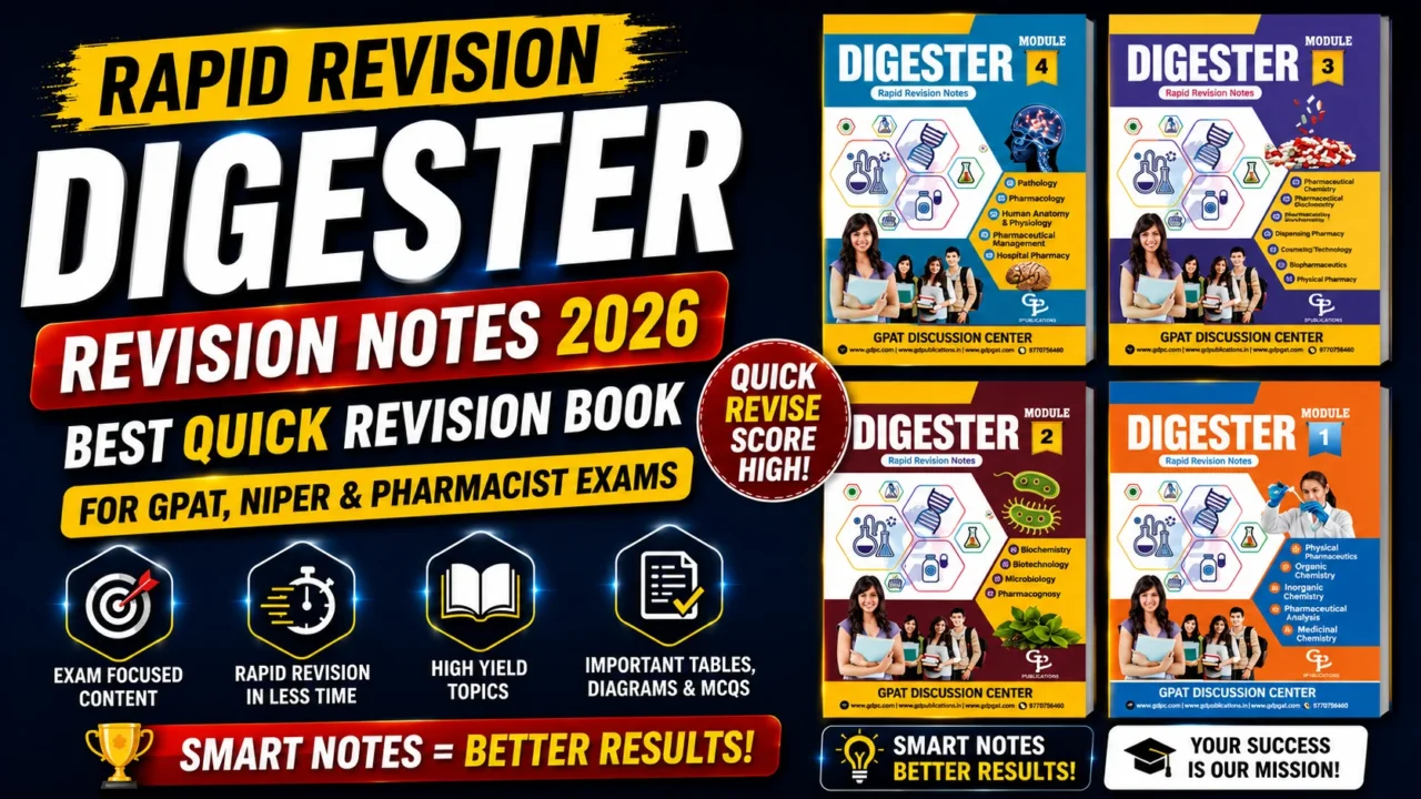 Digester Rapid Revision Notes 2026 thumbnail featuring all four Digester modules, quick revision study material, and exam-focused content for GPAT, NIPER, and Pharmacist exams.