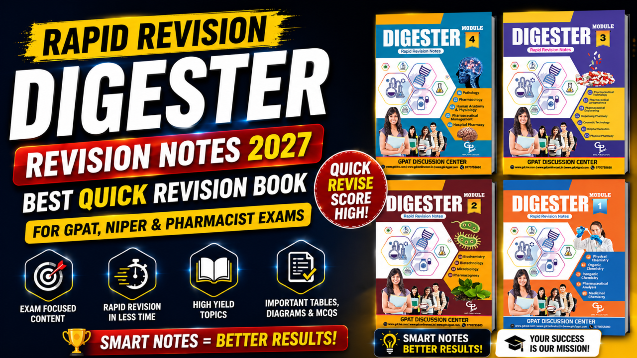 Promotional thumbnail for Digester Rapid Revision Notes 2027 featuring all four pharmacy modules with bold typography, exam-focused design, and GPAT, NIPER, and Pharmacist exam preparation highlights.