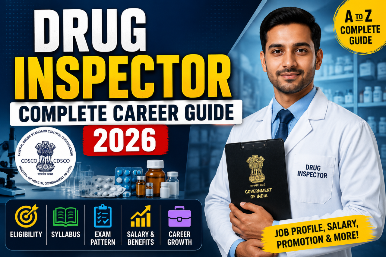 Drug Inspector Complete Career Guide 2026 thumbnail with pharmacist inspector in lab coat, CDSCO logo, eligibility, syllabus, exam pattern, salary and career growth details.