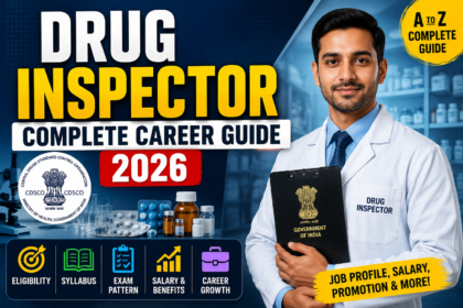 Drug Inspector Complete Career Guide 2026 thumbnail with pharmacist inspector in lab coat, CDSCO logo, eligibility, syllabus, exam pattern, salary and career growth details.