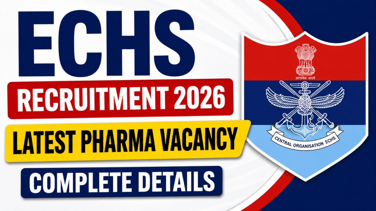 ECHS Recruitment 2026 thumbnail featuring latest pharma vacancy and complete details with official ECHS emblem.
