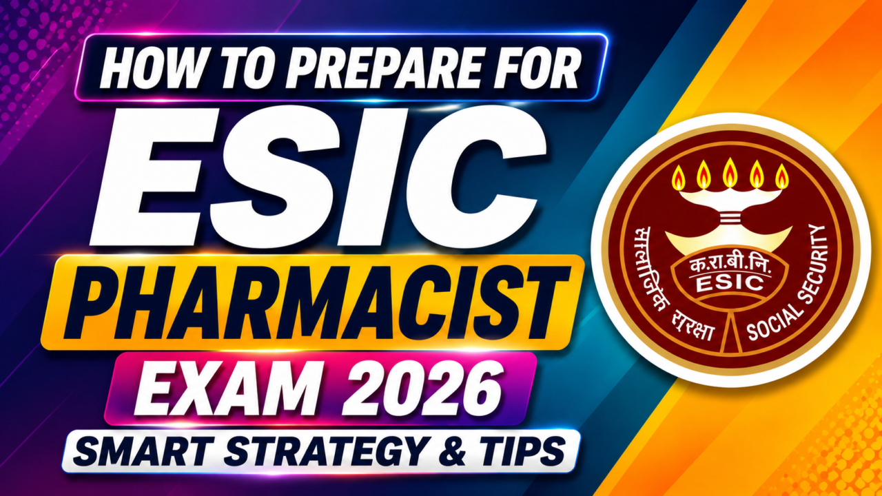 Eye-catching ESIC Pharmacist Exam 2026 thumbnail with vibrant purple, blue, orange, and yellow gradient background, bold white typography, and official ESIC logo on the right side.