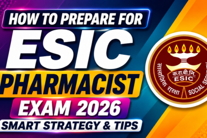 Eye-catching ESIC Pharmacist Exam 2026 thumbnail with vibrant purple, blue, orange, and yellow gradient background, bold white typography, and official ESIC logo on the right side.