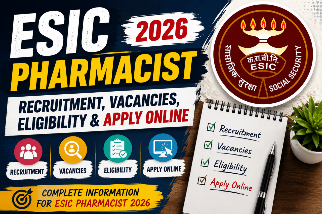 ESIC Pharmacist 2026 recruitment thumbnail featuring vacancy details, eligibility criteria, and apply online information with modern graphic design.