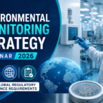 Environmental Monitoring Strategy Webinar 2026 thumbnail featuring a cleanroom scientist using monitoring equipment, global compliance graphics, FDA regulatory icons, and a modern pharmaceutical manufacturing environment.