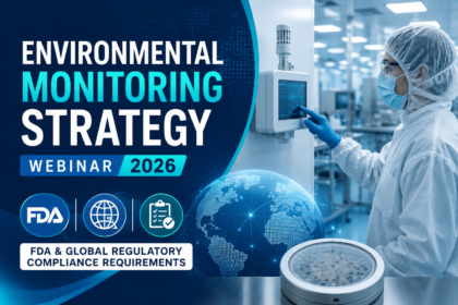 Environmental Monitoring Strategy Webinar 2026 thumbnail featuring a cleanroom scientist using monitoring equipment, global compliance graphics, FDA regulatory icons, and a modern pharmaceutical manufacturing environment.